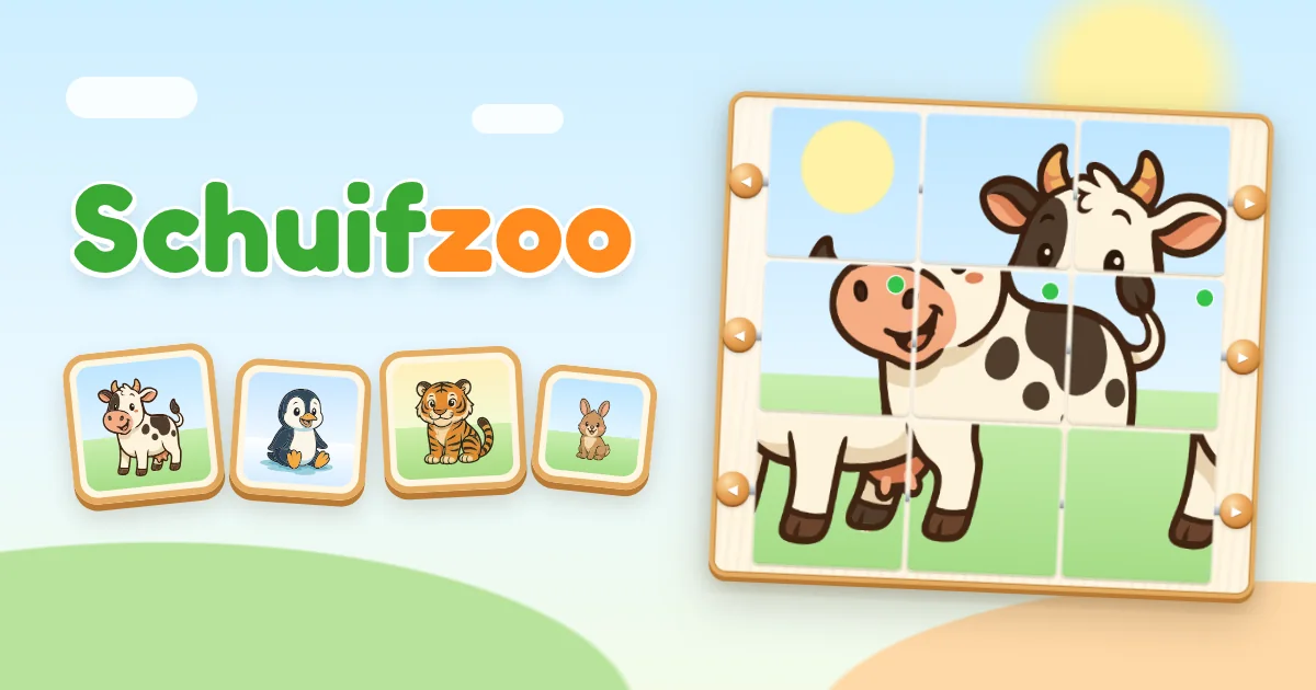 Schuifzoo – gratis online schuifpuzzel met dieren voor kinderen: schuif de blokjes tot de koe weer klopt