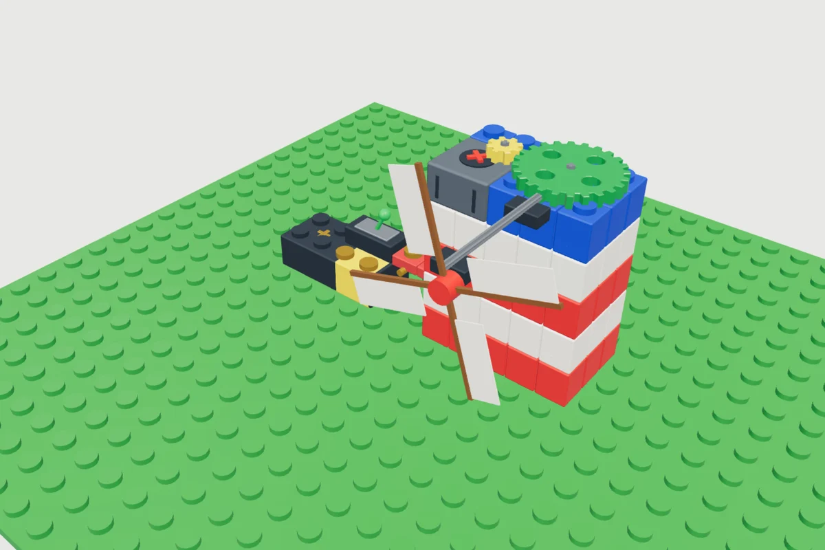 Een molen met tandwielen, gebouwd in het 3D-bouwspel SlimmeKids Bouwbaas