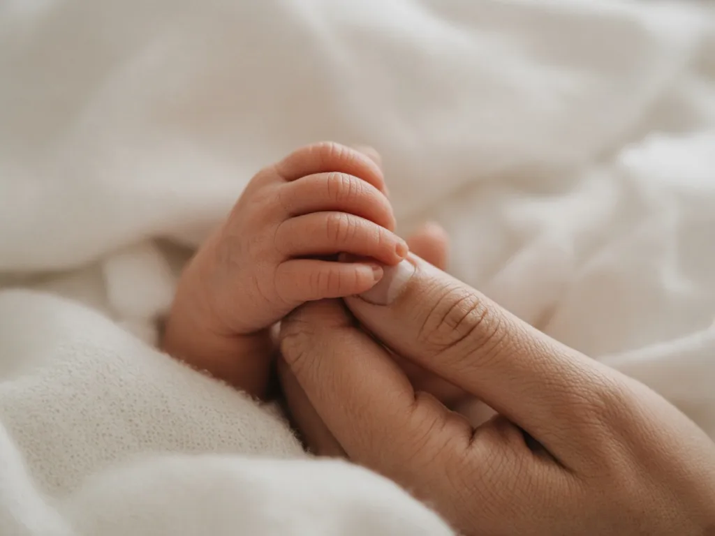 Het handje van een pasgeboren baby houdt de vinger van een volwassene vast op een wit dekentje