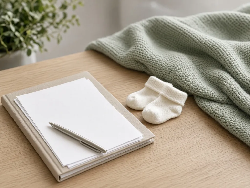 Map met blanco documenten, een pen, babysokjes en een gebreid dekentje op een houten tafel