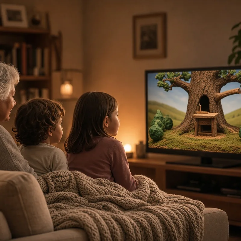 Oma en twee kinderen kijken samen op de bank naar een poppenbos op tv