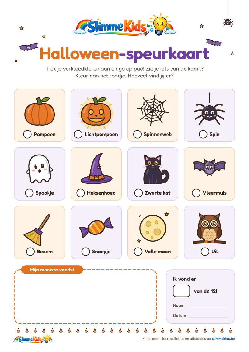 Halloween-speurkaart van SlimmeKids met twaalf dingen om te zoeken: pompoen, lichtpompoen, spinnenweb, spin, spookje, heksenhoed, zwarte kat, vleermuis, bezem, snoepje, volle maan en uil