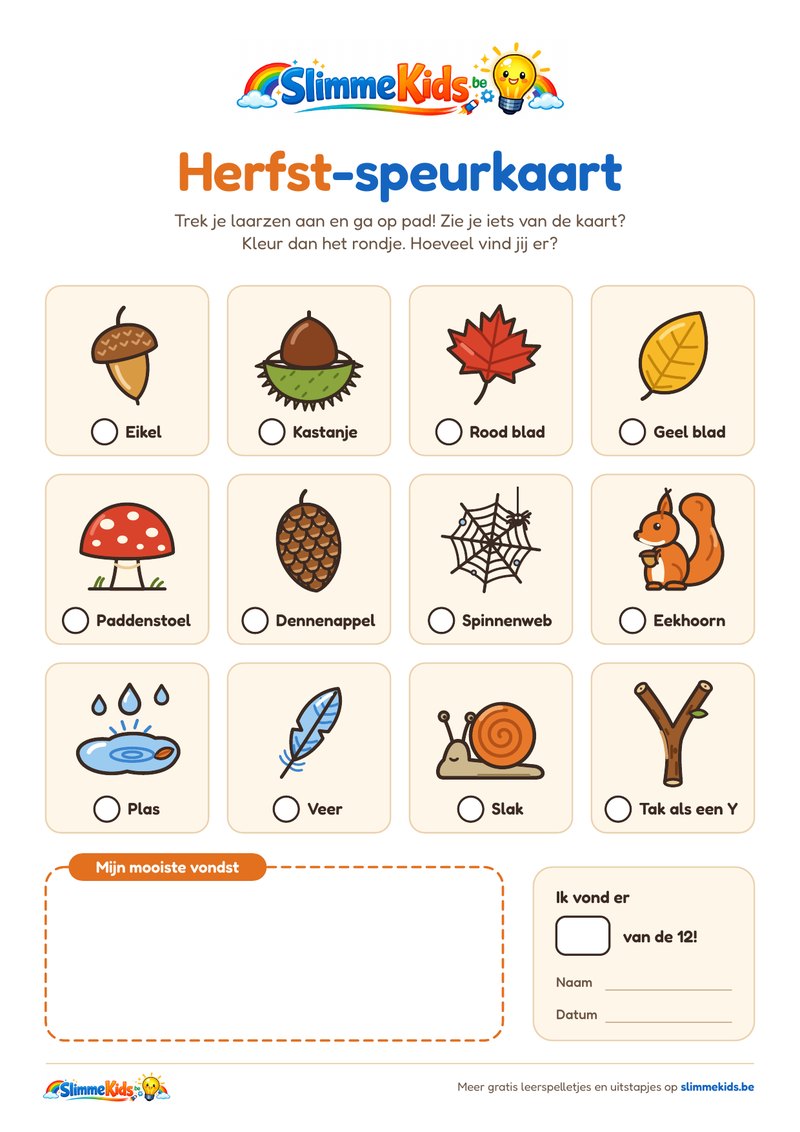 Herfst-speurkaart van SlimmeKids met twaalf herfstschatten om te zoeken: eikel, kastanje, rood blad, geel blad, paddenstoel, dennenappel, spinnenweb, eekhoorn, plas, veer, slak en een tak als een Y