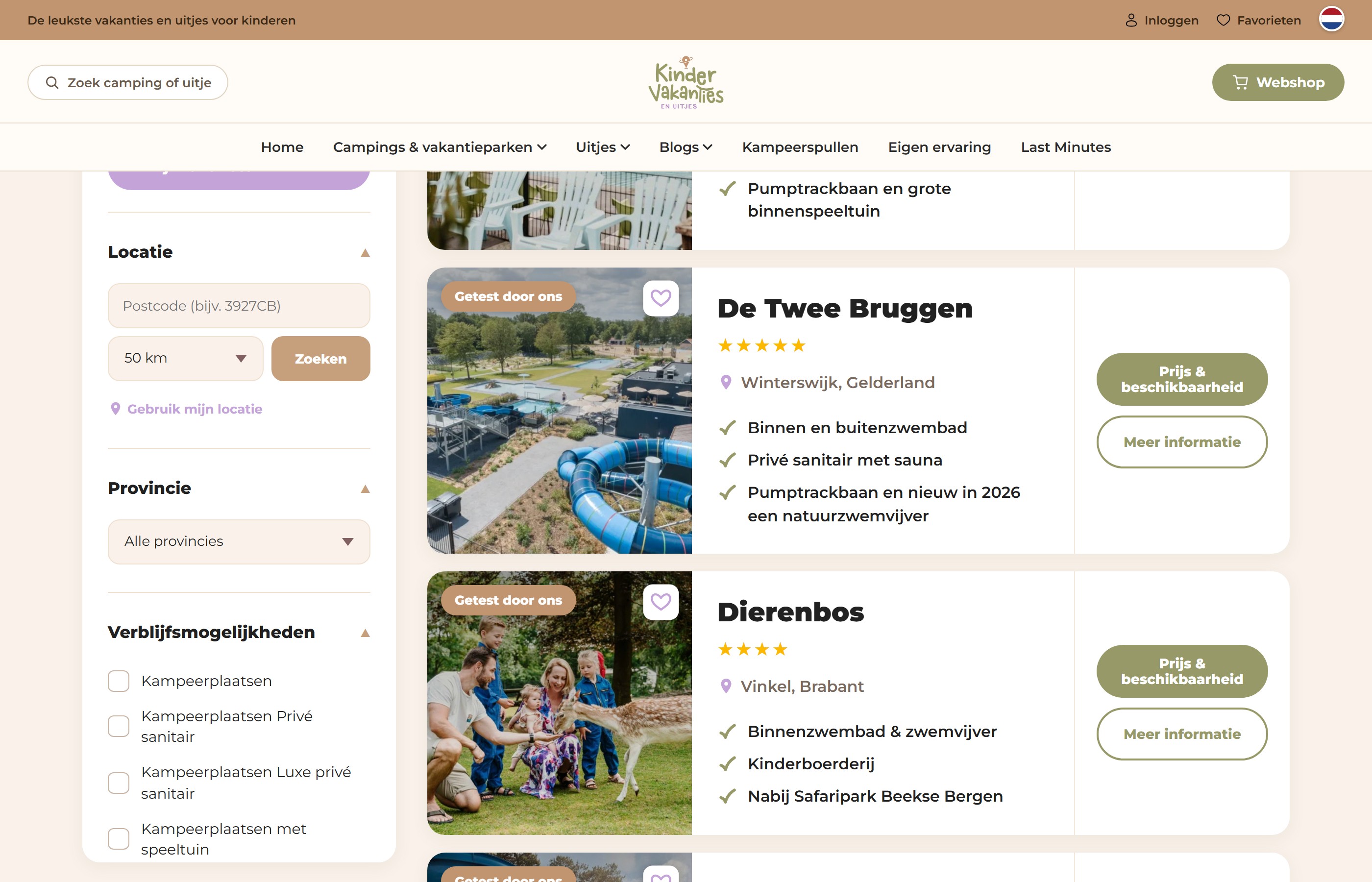 Overzicht van kindvriendelijke campings en vakantieparken met filters op provincie en faciliteiten