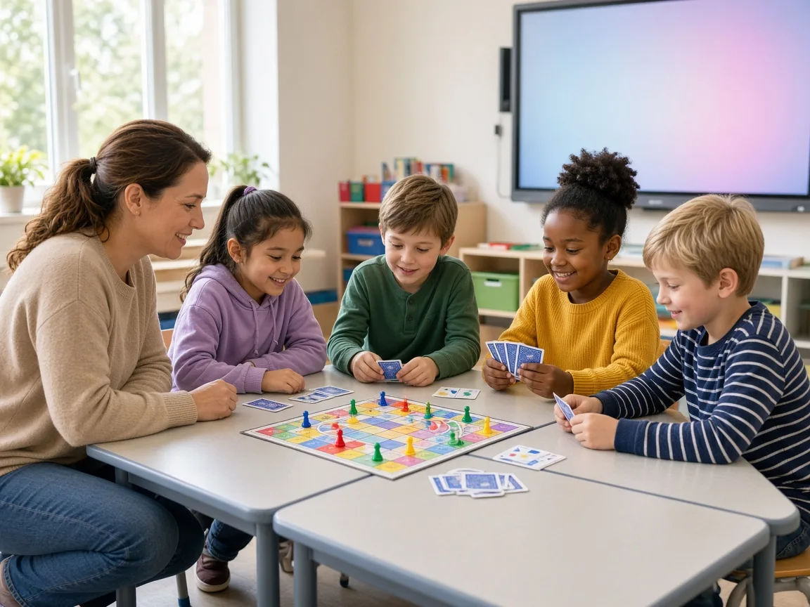 Leerkracht en kinderen spelen samen een bordspel en kaartspel in de klas, met een digibord op de achtergrond