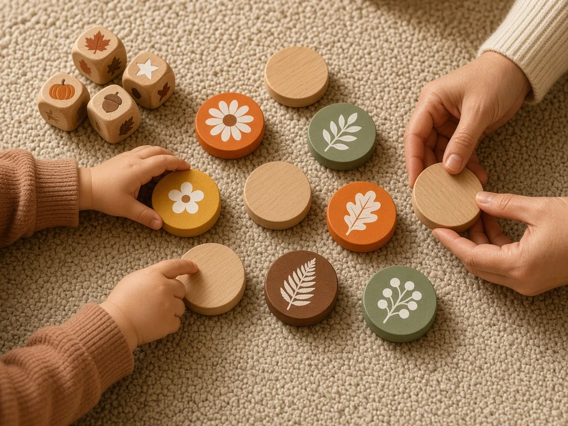 Ouder en peuter spelen samen een eenvoudig memoryspel met houten fiches op het tapijt