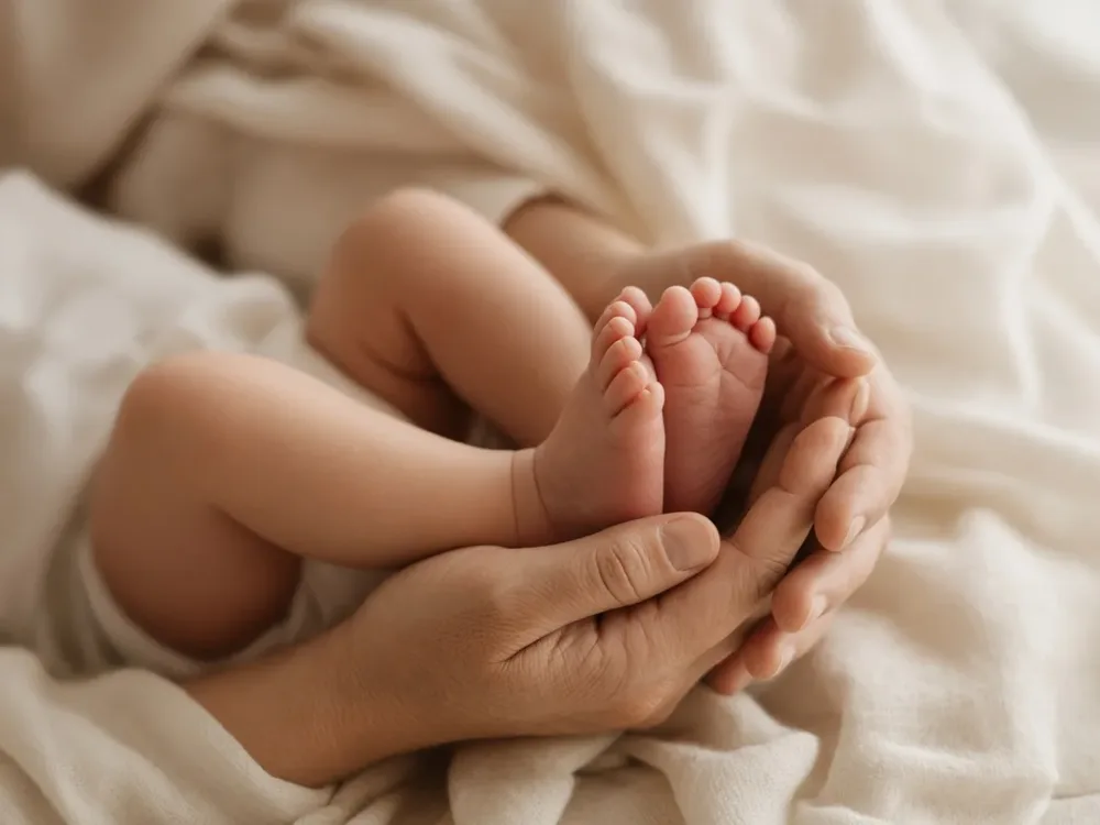 Handen van een ouder houden de voetjes van een slapende pasgeboren baby vast, beentjes ontspannen opgetrokken