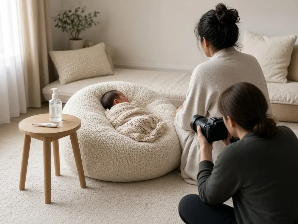 Ouder zit naast een slapende pasgeboren baby tijdens een newbornshoot thuis, met handgel en thermometer klaar