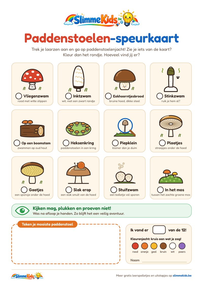 Paddenstoelen-speurkaart van SlimmeKids met twaalf vondsten om te zoeken: vliegenzwam, inktzwam, eekhoorntjesbrood, stinkzwam, zwammen op een boomstam, heksenkring, een piepklein paddenstoeltje, plaatjes en gaatjes onder de hoed, een slak op een paddenstoel, stuifzwam en paddenstoelen in het mos
