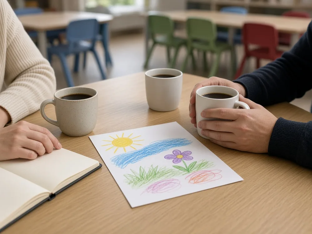 Twee volwassenen aan een tafel in een klaslokaal met koffie, een notitieboek en een kindertekening